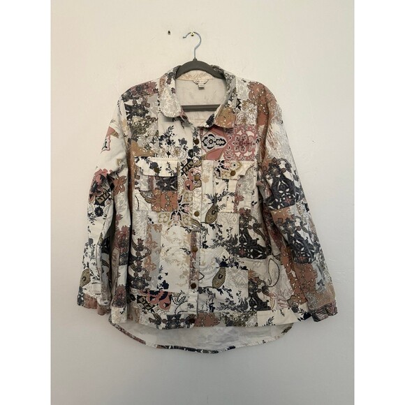 Cato Abstract Floral 22/24W Plus Size White Cotton Button Up Bohemian Jacket - Picture 1 of 6